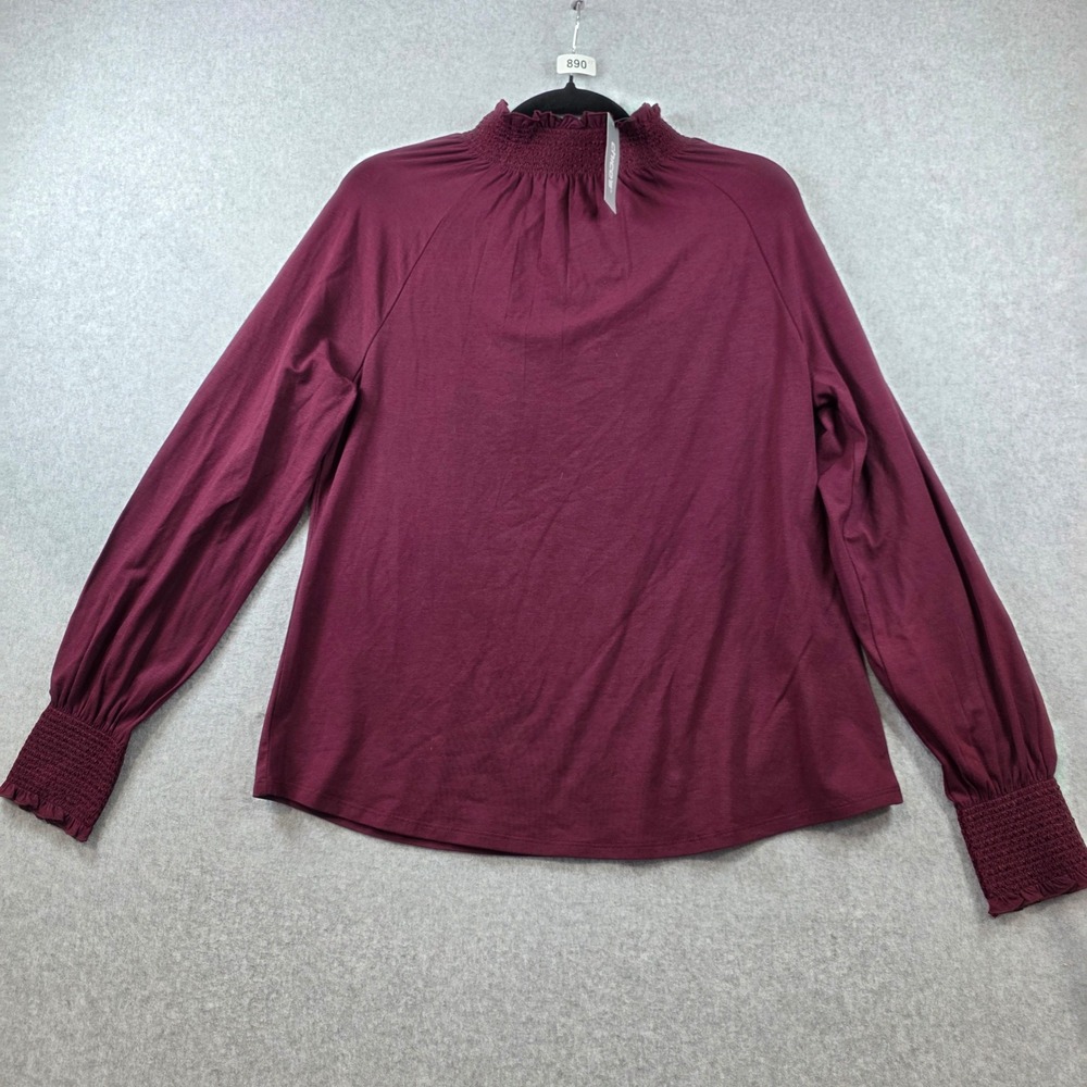 Chicos Smocked Mock Neck Blouse Burgundy Long Sleeve Top Size US M Raglan Sleeve